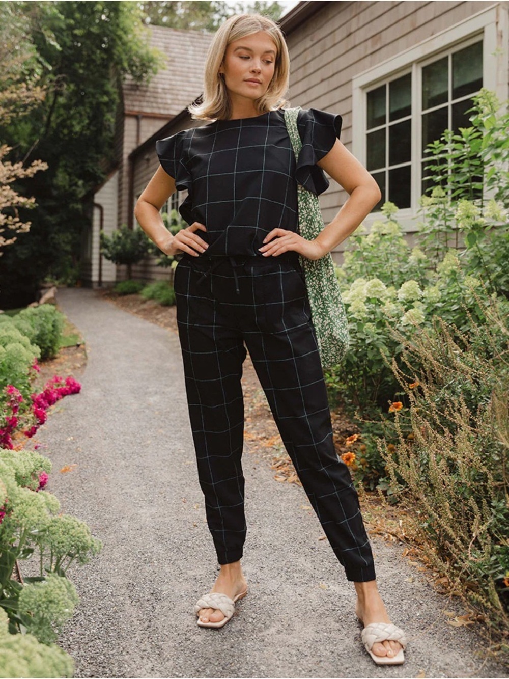 Albion Black Windowpane Romper with Flutter Sleeves